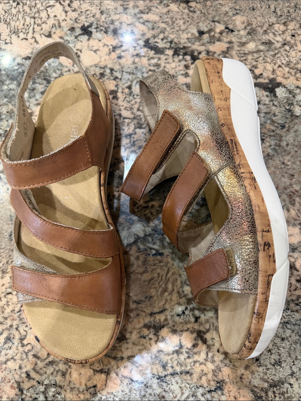 Remonte Tan Leather and Metallic Cork Wedge Sandals